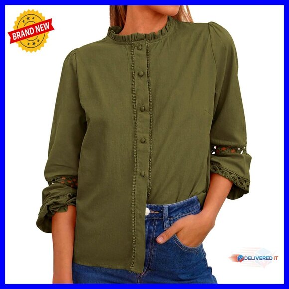 Tops - Long Sleeve Cotton Eyelet Blouse, Boho Button-Up Shirt, Spring Top